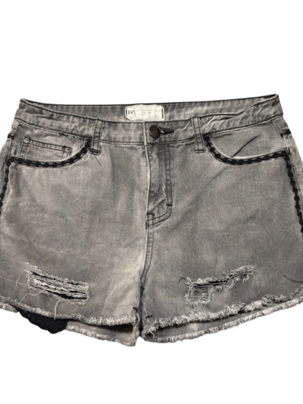Free People Distressed Denim Gunpowder Gray Embroidered Trim size 28 Jorts